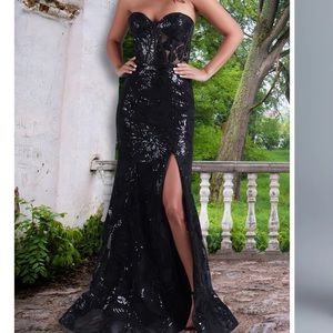 PromGirl Strapless Long Black Sequin Prom Dress